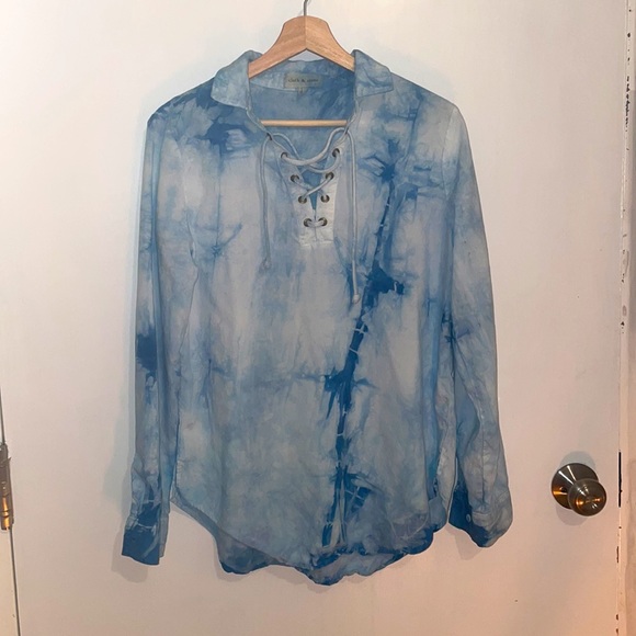 Anthropologie Cloth & Stone Natural Indigo shabori tie dye Lace-Up Henley Blouse - Picture 5 of 16